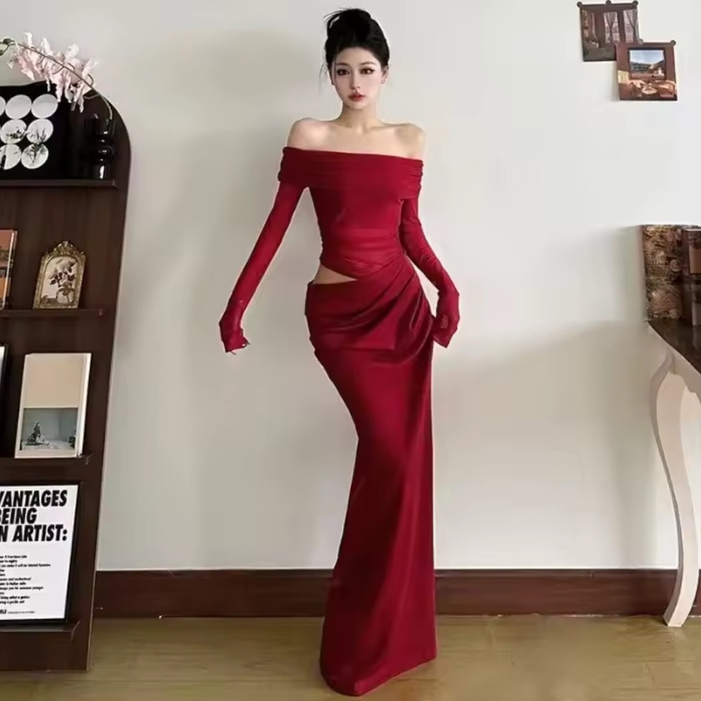 Elegant Off-Shoulder Mesh Red Dress Size SMALL